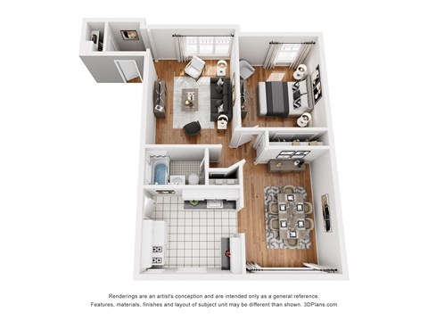 Floor plan for 1 bed, 1 bath, 755 sqft